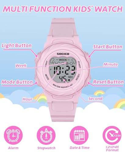 SOCICO Kids Digital Watches for Girls Boys, 5ATM Waterproof, 7 Color Lights Waterproof Watches for Kid with Alarm Stopwatch, Soft Band Wrist Watch Christmas Gifts for Kids Ages 5-12