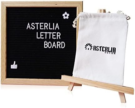 Changeable Felt Letter Board Sign Set Black-10x10 Inches Oak Frame, 374 Pieces Alphabets, Numbers & Symbols, Wood Stand Easel, and Canvas Bag- Display Personalized Messages Creatively- Asterlia Decor