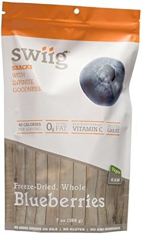 swiig Freeze-Dried Blueberries, Raw, Vegan, No Added Sugars or Oils, No Gluten, No GMO Ingredients, 7 Ounce Bag
