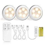 Morpilot 3 Pcs Puck light Wireless Remote Control Rechargeable 5 LED Cabinet Light Wireless Spot Light Stick-On Tap Lights for Cabinets Closets Attics Garages Car Sheds Storage Room-Natural Warm White