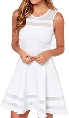 FLF Women's Black White Mesh Slim Sleeveless Short Mini Flare Dress