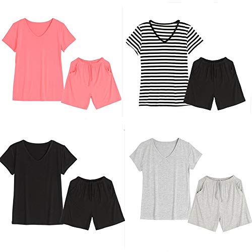 Jusfitsu Summer Women Pajama Set Short Sleeve Modal Sleepwear Solid Top and Short Soft Loungewear Elastic Black XL - Thumbnail 4