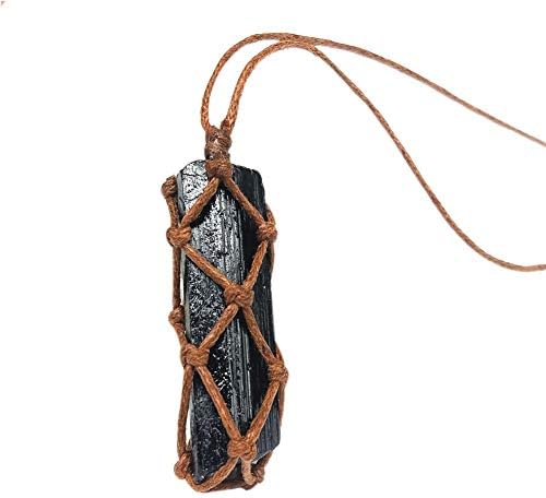 Allowevt Black Tourmaline Crystal Pendant Natural Black Tourmaline Stone Pendant Hand-woven Tourmaline Ore Retro Style