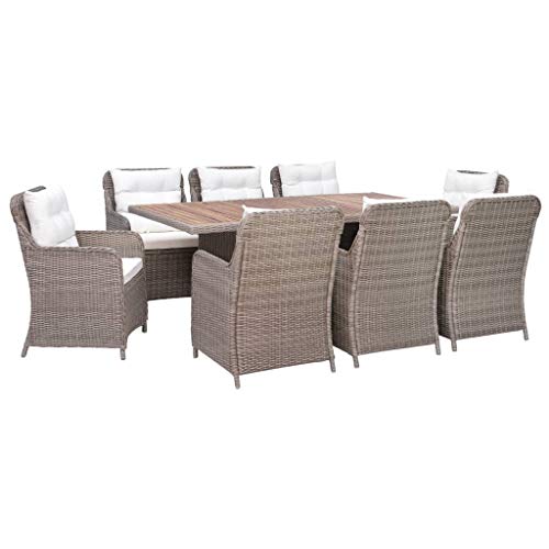 vidaXL Gartenmöbel Set 9-TLG. mit Auflagen Gartengarnitur Sitzgruppe Gartenset Sitzgarnitur Esstisch Gartentisch Stühle Poly Rattan Braun