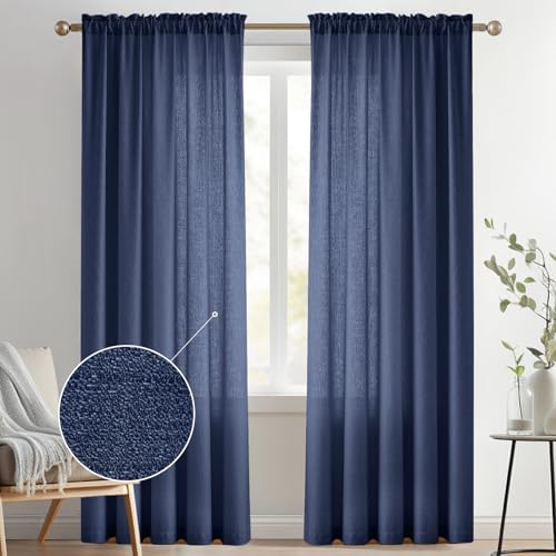 Melodieux Navy Semi Sheer Curtains 96 Inches Long for Living Room, Bedroom Faux Linen Texture Farmhouse Rod Pocket Shiny Sheer Curtains Drapes Light Filtering, 52" W x 96" L, 2 Panels
