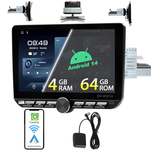 Alondy 1 DIN Android 14 (4G+64G) Car Radio with Screen (10.1") Compatible with Wireless Apple Carplay Android Auto Radio AM/FM RDS Bluetooth Navi GPS WiFi Type-C USB Mirror Link
