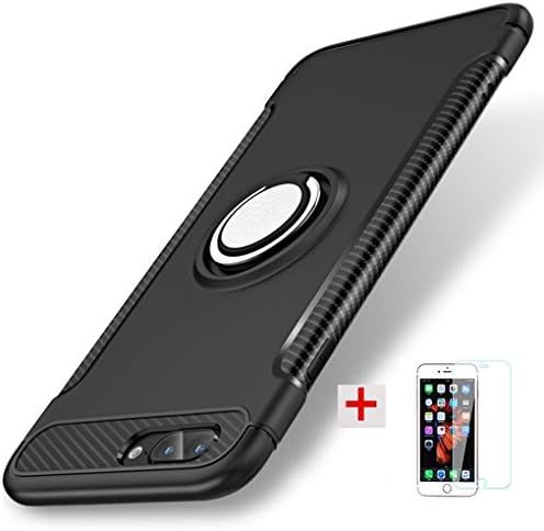 iPhone 8 plus Case, iPhone 7 plus Case 2017 with Ring Kickstand Shockproof Protective Cover Work with Magnetic Car Mount + Tempered Glass Screen Protector (Black)
