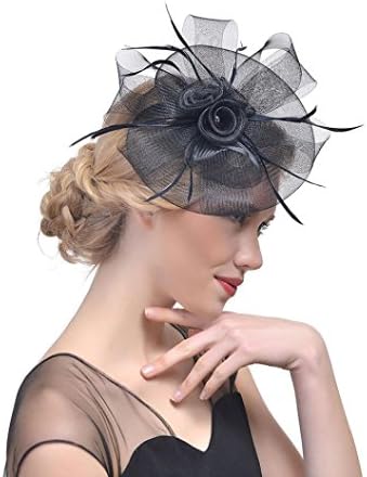 Quistal Womens Feather Flower Mesh Net Sinamay Fascinator Hat with Hair Clip Cocktail Tea Party Derby