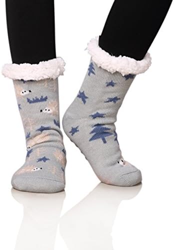Dosoni Women's Faux Fur Fuzzy Winter Cartoon Cute Fleece-lined Slipper Socks with Grippers (Grey)