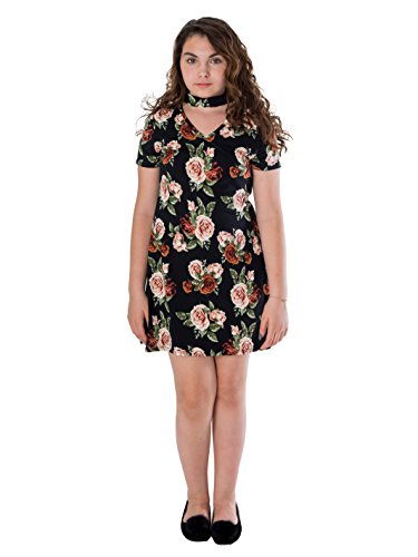 Smile You Are Beautiful Girls Plus Size Floral Print Brushed Gigi kneck Dress Black 14.5 – S