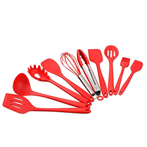 GenKitchen Silicone Cookware 10-Piece Kitchen Utensils Set- Heat Resistant Silicone Spatulas & Spoons- Hygienic Cooking & Baking Utensils - Non-Stick Design- Ergonomic Grip Silicone Tools - Cherry Red