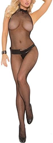 HEXUQIANG Women's Sexy Exotic Bodystocking Open Crotch Hanging neck Mesh Lingerie , black , one size