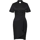 CAMDOM Womens Church Clergy Mass Dress Flare Sleeve Waist Pleated Flower Bud Pencil Dress with Tab Collar