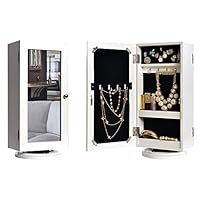 DELMANGO Desktop Jewelry Storage Cabinet Table with Mirror,Rotatable Makeup Cabinet in Top,Double Door Sided Countertop Cabinet,White