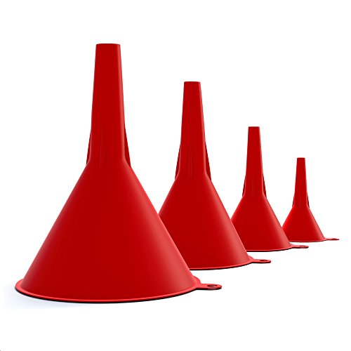 mAuto, Plastic Funnel Set Premium 4 Piece Funnel Set w/ Easy to Pour Spout, Spill Free Set of Funnels, Red