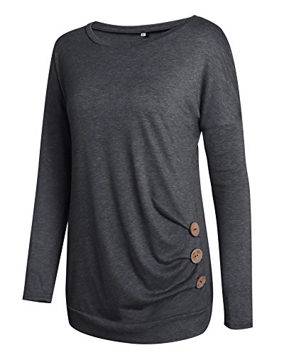 Aliex Women's Tunic Top Long Sleeve Casual Blouse T-Shirt Button Decor Grey L