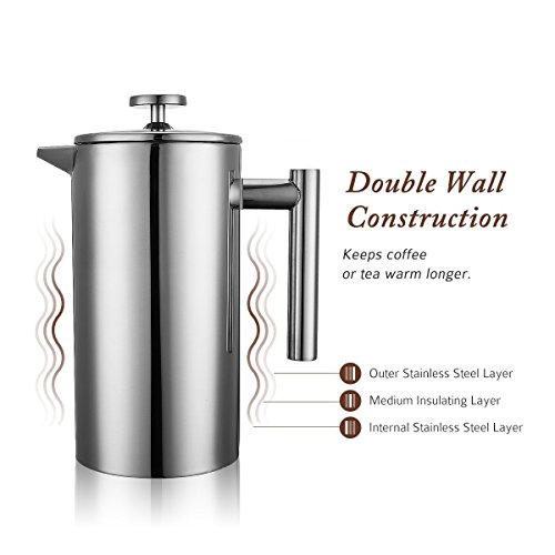 Miuly French Press, Double Wall 18/8 Stainless Steel Coffee & Tea Maker, 1.5L / 50 OZ-Bonus With Two Extra Filter Screens