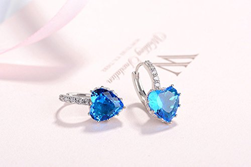 megko 925 Sterling Silver Heart Cubic Zircon Crystal Ear Clip on Earrings Lever Back Drop Earrings for Women Girls (Blue)