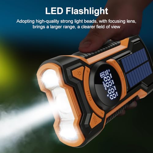 Rechargeable Portable Radio Dynamo with LED Flashlight, Power Bank 5000mAh AM/FM Radio Crank Solar, SOS Alarm/Flashlight/3W Speakers, Outdoor, Emergency