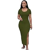 Womens Bodycon Maxi Dress Casual U-Neck Short Sleeves Side Split Plain Solid Sexy Sundress Long Summer Dresses