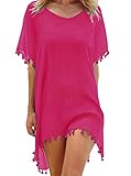 Adreamly Women's Stylish Chiffon Tassel Kaftan Swimsuit Beachwear Cover up Free Size Rose Red