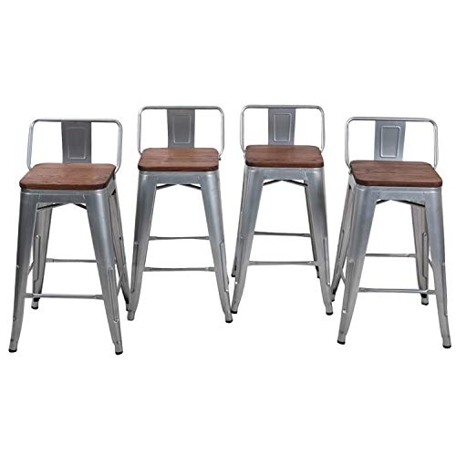 24" Low Back Metal Counter Stool Height Bar Stools with Wooden Seat