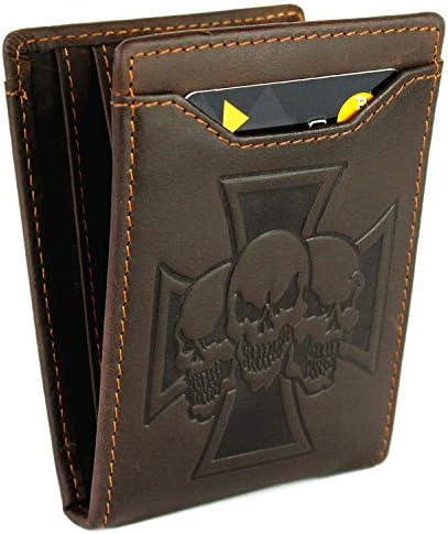 Mens Skull Slim Wallet with Money Clip, Minimalist Bifold Front Pocket wallet for Men, RFID Blocking, Full Grain Leather (Coffee B)