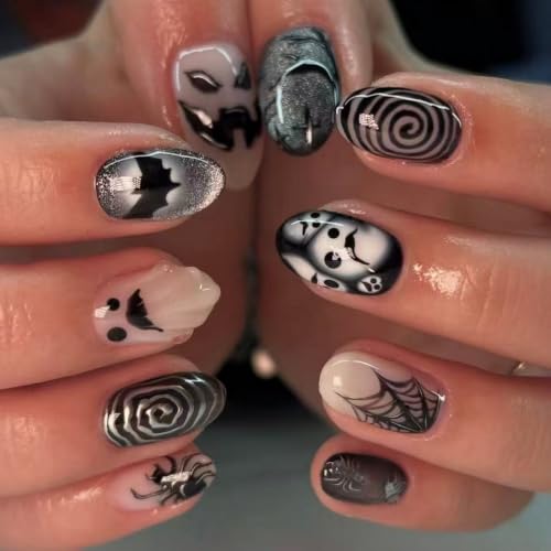 Halloween Press on Nails Gothic Short Almond Black White Ghost Spider Fake Nails Swirl Pattern & Spider Web Design Glossy Halloween Silver Glitter Fake Nails for Women 24pcs at Amazon