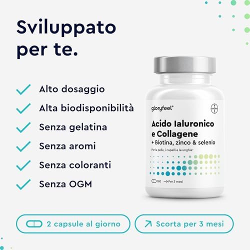 Collagene e Acido Ialuronico Integratore 180 Capsule, + Vitamina C, Biotina, Zinco e Selenio, 1000mg Collagene Idrolizzato + 200mg Acido Ialuronico con Bambù & Silicio