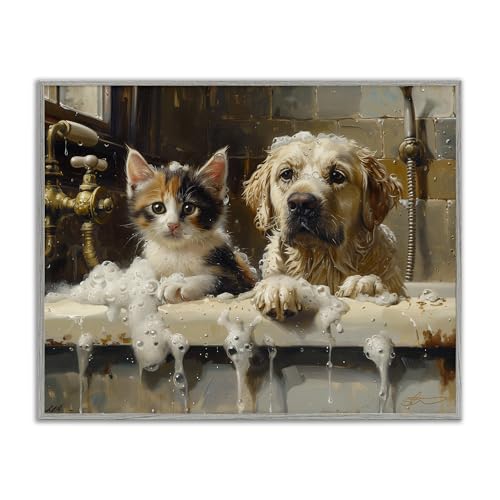 Stupell Industries Bath Buddies Cat & Dog Gray Framed Giclee Art, design by Sha…