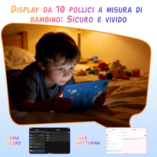 Tablet Bambini 10 Pollici, Android 16 Tablet per Bambini 3-12 Anni, 16GB RAM(4+12) + 64GB ROM, Controllo Genitori, GMS, 5000mAh, WiFi6, WidevineL1, con Custodia Anti-caduta e Penna, Garanzia di 4 anni