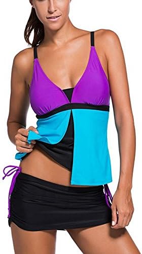 SYBKNSTW Womens Plus Size Sexy Tankini Two Piece Printed Adjustable Straps Swimsuit Blue PurpleL