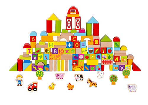 Toysters 128-Piece Wooden Farm Building Blocks | BPA-Free Wood Game ABC Number Block Set for Kids | Interactive STEM Educational Toy Great for Fine Motor Skills, Shape Sorting and Recognition | BK663