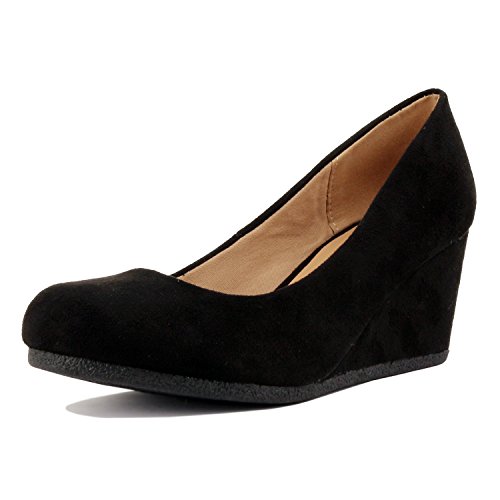 Guilty Shoes Classic Office Wedge - Comfort Soft Low Heel - Round Toe Pumps Shoes, Black Suede, 7