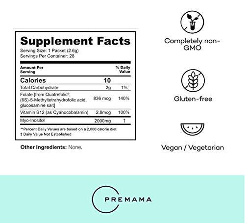 Premama Fertility Supplement for Women - Myo Inositol Powder and D Chiro Inositol, Folate (28 Packets) Prenatal Vitamins with B12 to aid Fertility, Conception & Pregnancy Health