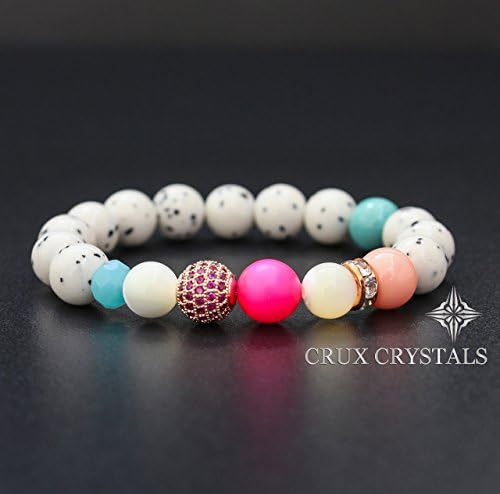 Bianca, White Dalmatian Jasper Beaded Bracelet, Stretch Gemstone Bracelet, Rose Gold and Swarovski Pearls, Women's Gift, Crux Crystals