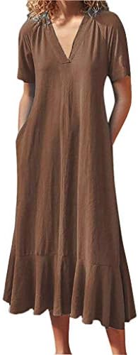 Mikilon Women's V Neck Side Pockets Short Sleeve Back Tie Split Ruffle Hem Beach Long Maxi Dress