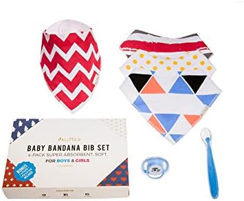 Baby Bandana Bibs (4-pack) by PallMier | Soft Absorbent Gender Neutral Drool Bibs + Ergonomic Silicone Spoon + Soothing Pacifier for Boys and Girls Holiday Gifts
