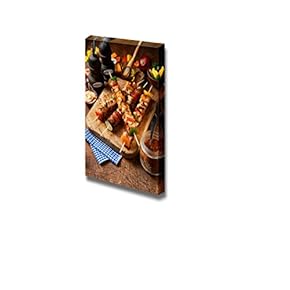 Canvas Wall Art - Delicious Barbecued or Grilled Meat Kebabs with Onion and Colorful Bell Pepper | Modern Home Art Canvas Prints Gallery Wrap Giclee Printing & Ready to Hang - 18" x 12"