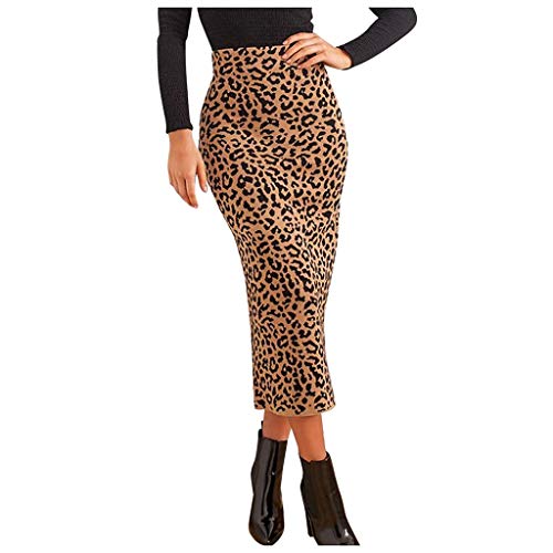 Sanyyanlsy Ladies Autumn Winter Fashion Sexy Empire Waist Leopard Print Slit Mid-Calf Skirt Evening Party Pencil Skirt Coffee - Thumbnail 7