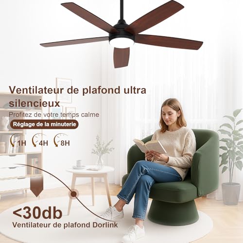 Dorlink Ceiling Fan with Light and Remote Control, 132 cm, Silent DC Motor, Ceiling Fan with Light for Bedroom, Living Room, Kitchen, Black/Walnut