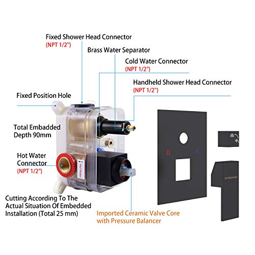 EMBATHER Black Shower System 12 Inches Ceiling Shower Faucet Set with