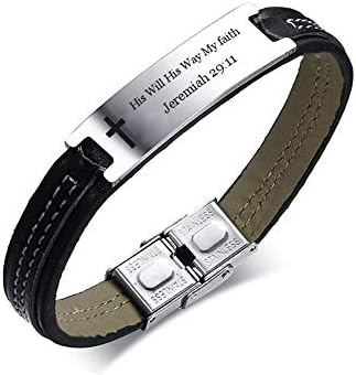 Stainless Steel and Leather Bible Verse Cross Bracelet for Men,Inspiring Scripture Quote,Christian Jewelry