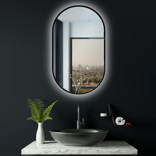 ApeJoy Oval LED Bathroom Mirror 45x75cm Matt Black Metal Frame Bathroom Lighting with Touch Switch Adjustable Mirror Warm White/Cool White Neutral