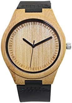 Woody Watch Natural Bamboo Wooden Wristwatch with Black Genuine Leather Strap Japanese Quartz Movement