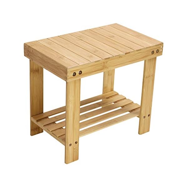 KKTONER Bamboo Step Stool with Storage Shower Bench with Shelf Foot Stool for Bathroom Living Room Bedroom Natural Color