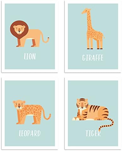 Safari Animals Nursery Wall Decor - Set of 4 Blue (11x14") Art Prints for Baby Boys Room Decor- Loving and Inspirational bedroom Designs for a Lion, Giraffe, Leopard and a Tiger