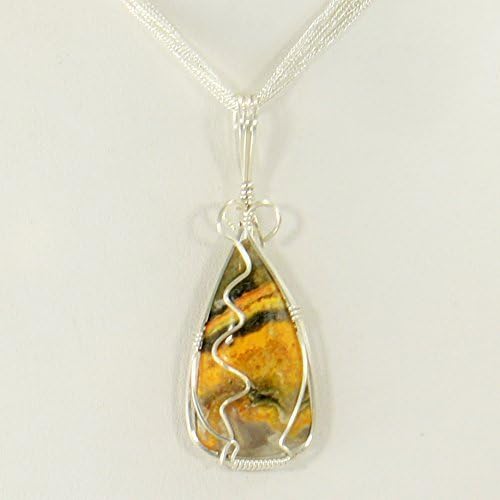 Yellow &amp; Black Bumble Bee Jasper Gemstone Pendant, Handmade Wire Wrapped Sterling Silver Necklace