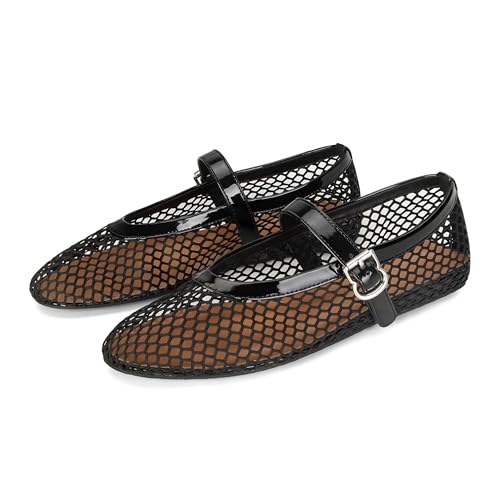 DOEYG Mesh Ballet Flats for Women Buckle Strap Comfy Casual Office Fishnet Ballerina Flat Shoes