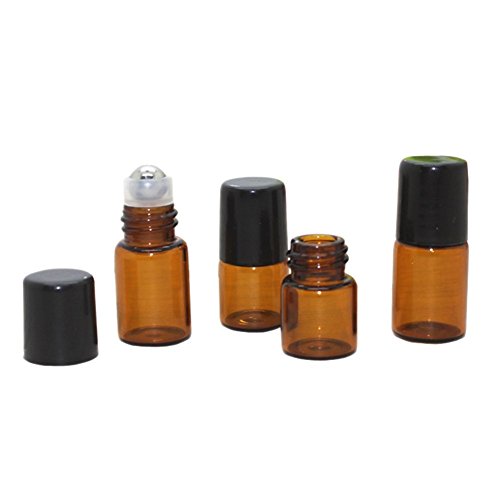 2ML 6PCS Essential Oil Glass Roller Bottles Mini Tiny Refillable Empty Aromatherapy Perfume Liquid Amber Glass Roll On Bottles Vials Metal Rollerball Bottles Jar